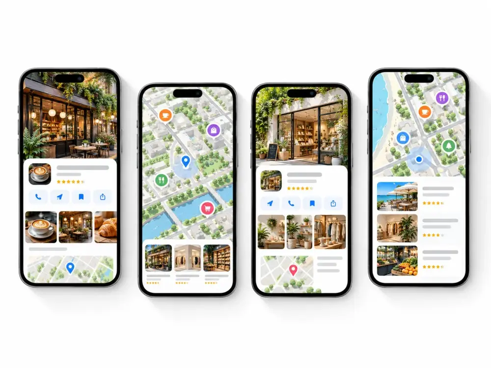 スマートフォンの地図アプリに お店の情報と写真が表示されているイメージ